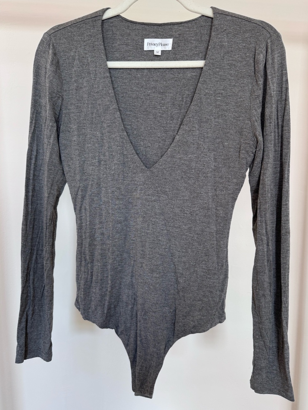 Privacy Please Charcoal Gray V-Neck Long Sleeve Bodysuit
